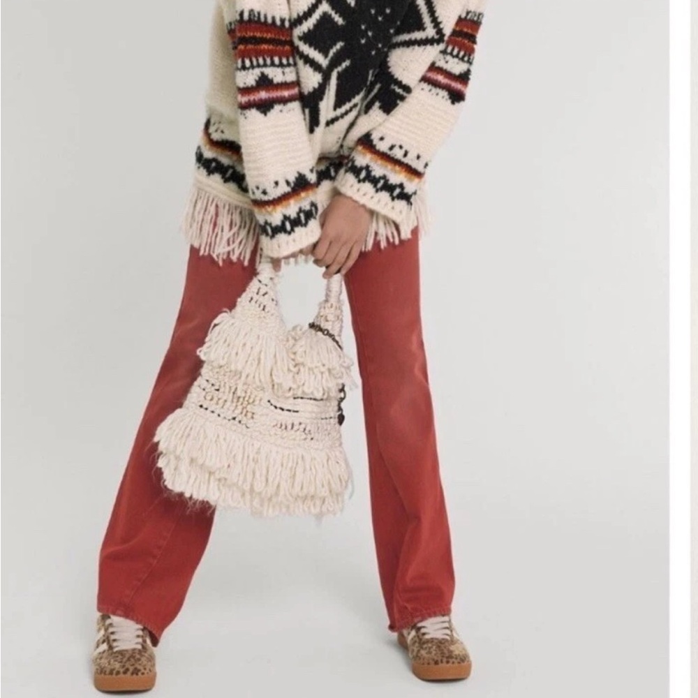 FREE PEOPLE Oslo Knit Tote White Purse Bag boho bag fringe faux‎ leather new